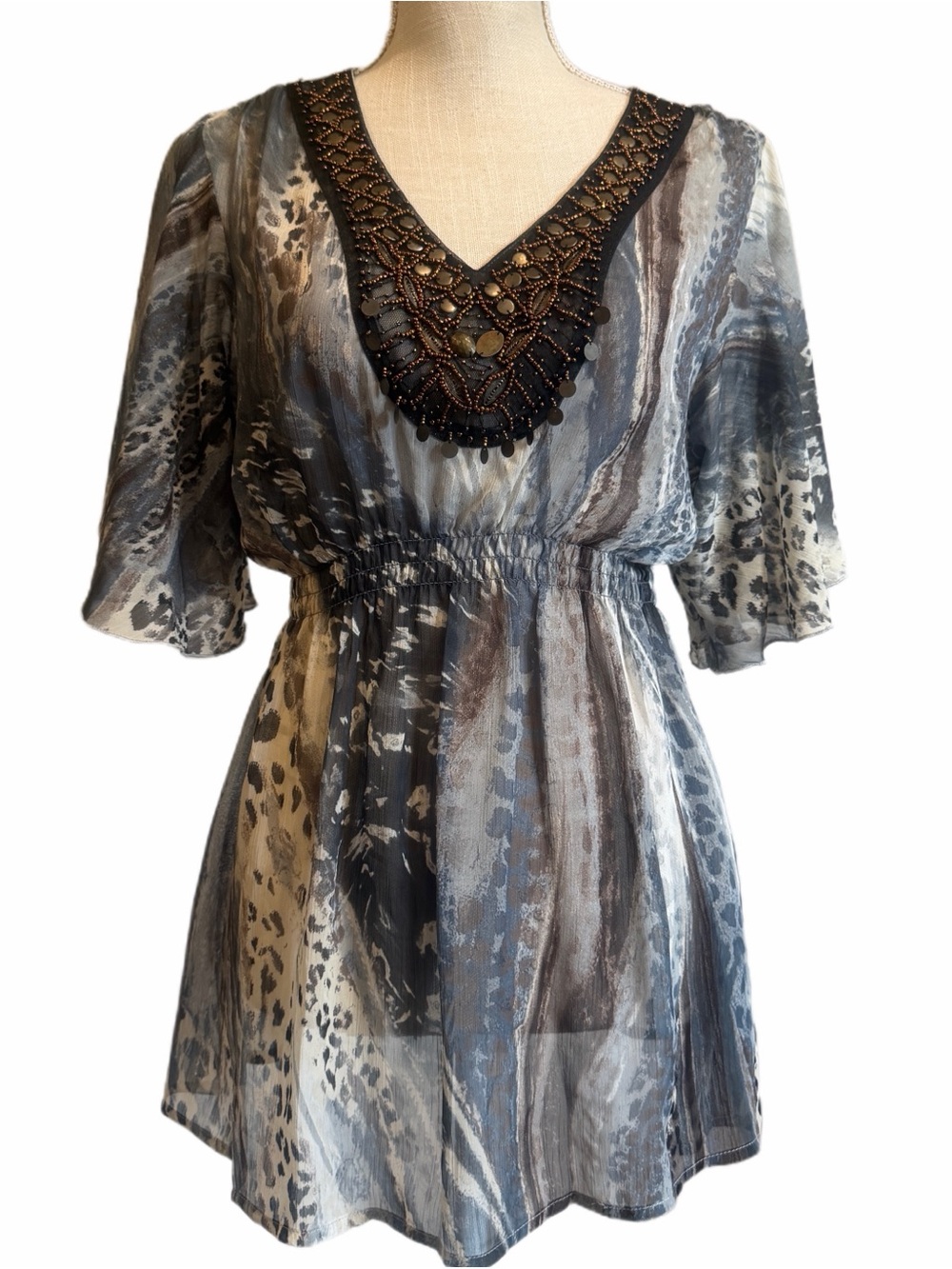 Vintage Beaded V-Neck Sheer Animal Print Tunic